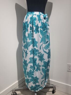 Women's Sheer Floral Tie-Waist Full-Length Beach Cover-up Sarong Large Turquoise
